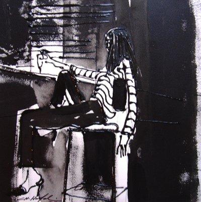 2 936 Maedchen an der Bar  40x40 Tusche und Glasfarbe auf Papier