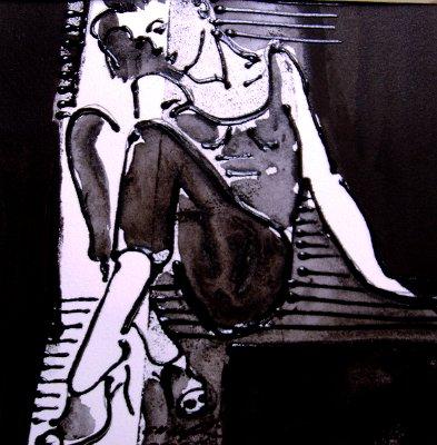 2 937 Sitzendes Maedchen  40x40 Tusche und Glasfarbe auf Papier