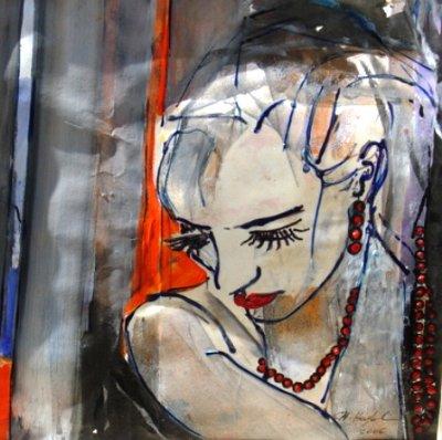 950 Maedchen mit roter Kette 1 50x50 Acryl und Glasfarbe auf Papier