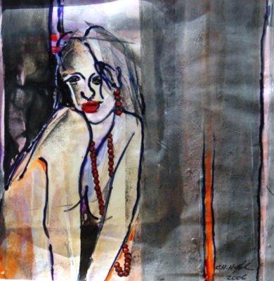 951 Maedchen mit roter Kette 2  50x50 Acryl und Glasfarbe auf Papier