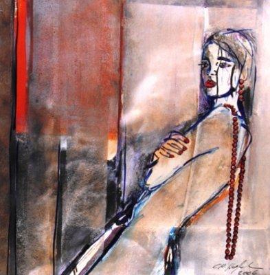 952 Maedchen mit roter Kette 3  50x50  Acryl und Glasfarbe auf Papier