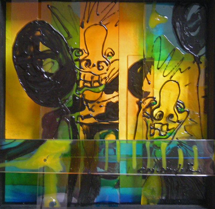 Schwarze Waggis 2  15x15 Glasfarbe auf Folie und Holz 2013