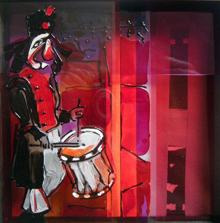 Trommeln 15x15 Glasfarbe auf Folie und Holz 2013