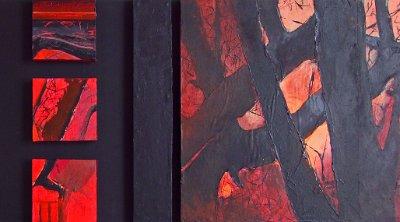 1 Einen Tag im Flussbett 11 Abenddaemerung 55x98  Acryl auf Holz und Papier