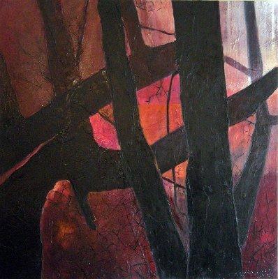 2 Abendlicht in den Baeumen Afrikas 1  Acryl und Oel auf Leinwand  100x100  2010